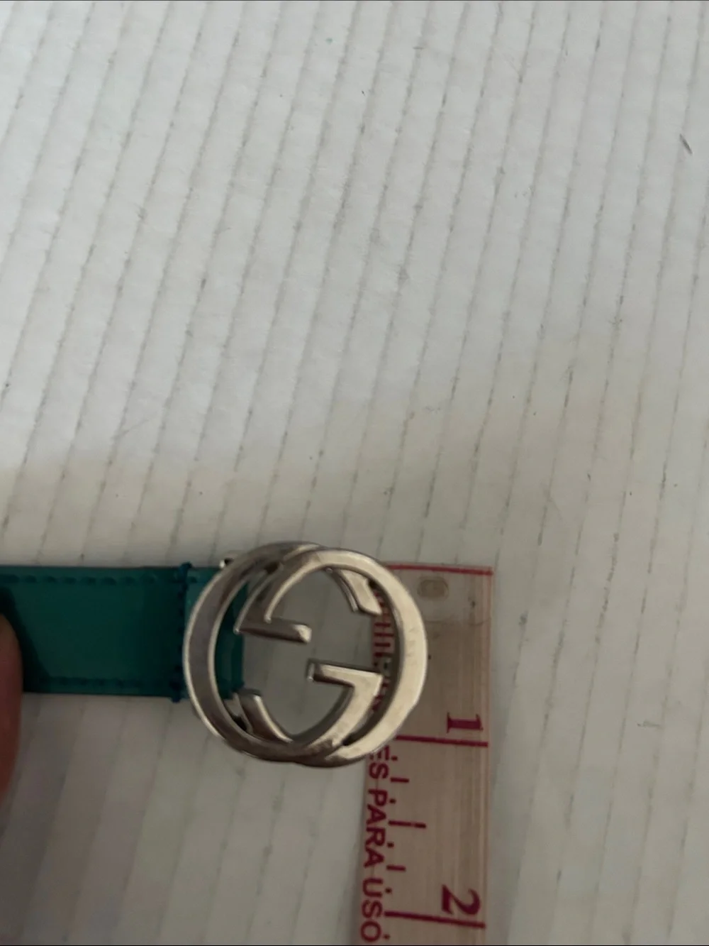 Glossy Teal Patent Leather Belt with Silver Interlocking Buckle